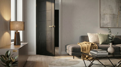 WC19 modern style black brushed oak internal door, angled view