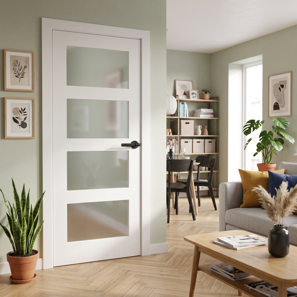 WC31GF 4 Panel Shaker Frosted Glass White Internal Door Lifestyle
