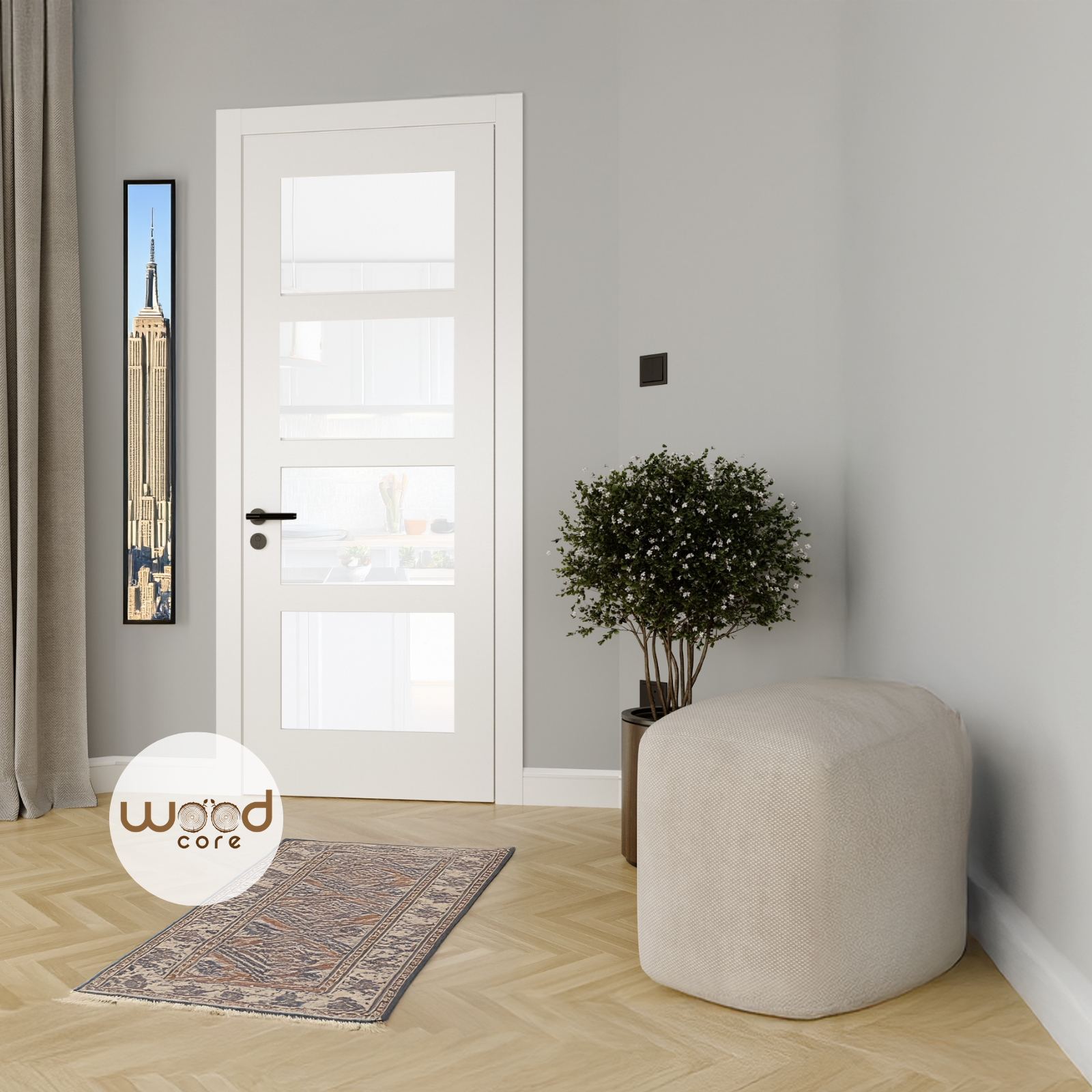 WC31GF 4 Panel Shaker Style Frosted Glass Primed White Internal Door