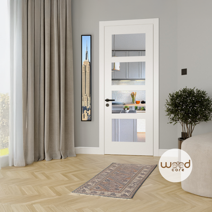 WC31G 4 panel Shaker-style white internal door, clear glass