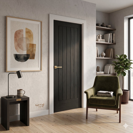 WC3 cottage style black brushed oak internal door, front view