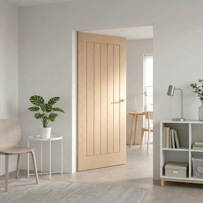 Wooden door in a modern interior setting with furniture and decor.