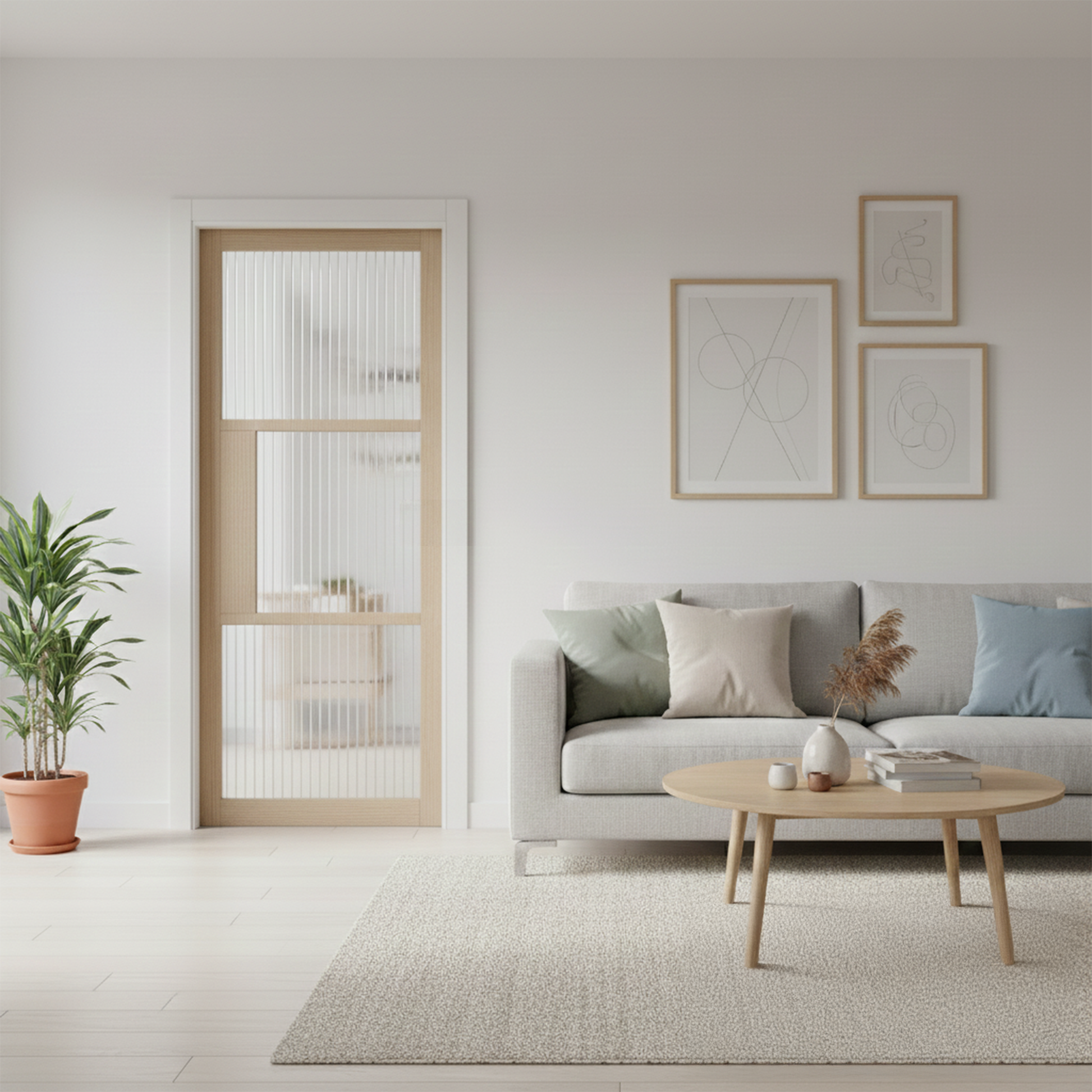 WC44GR Reeded Glass Crittall-style whitewashed oak internal door - lifestyle photo