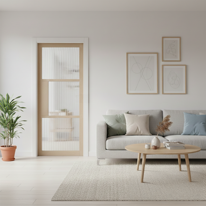 WC44GR Reeded Glass Crittall-style whitewashed oak internal door - lifestyle photo