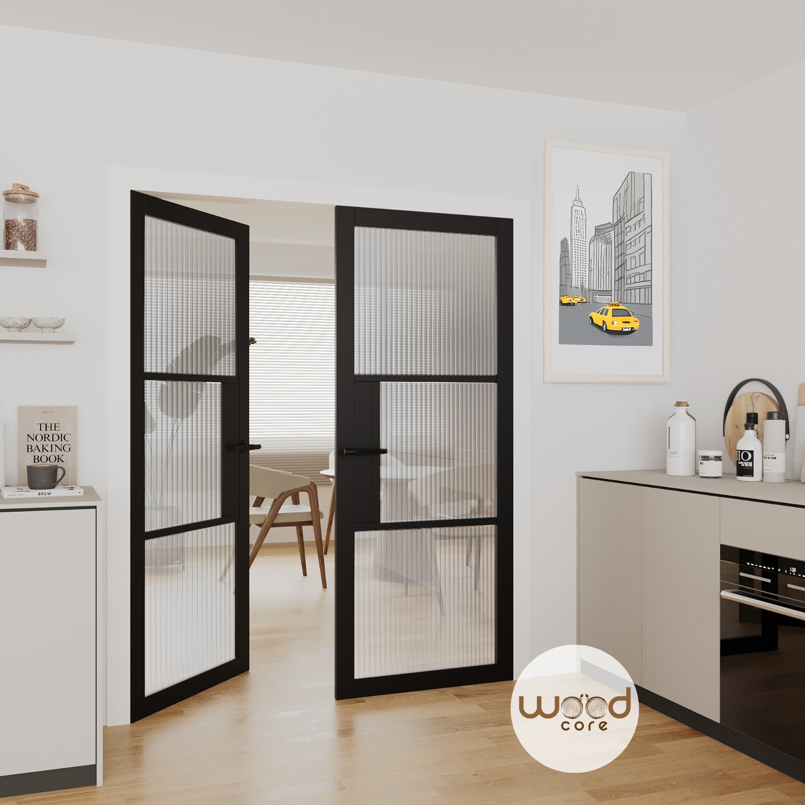 WC44GR Reeded Urban Style Premium Primed Black Mayfair Door Glass