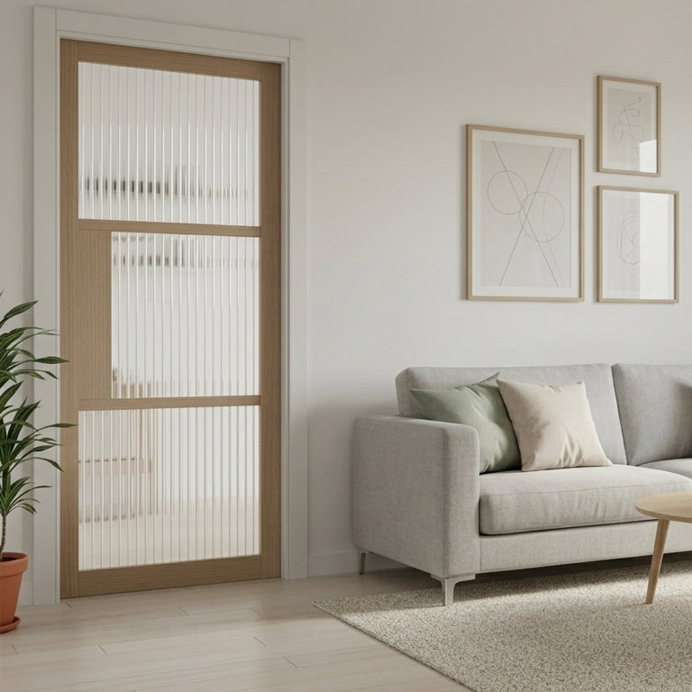 WC44GR Reeded Glass Crittall-style whitewashed oak internal door - room setting