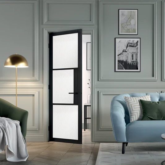 WC44GR Reeded Urban Style Premium Primed Black Mayfair Door Glass
