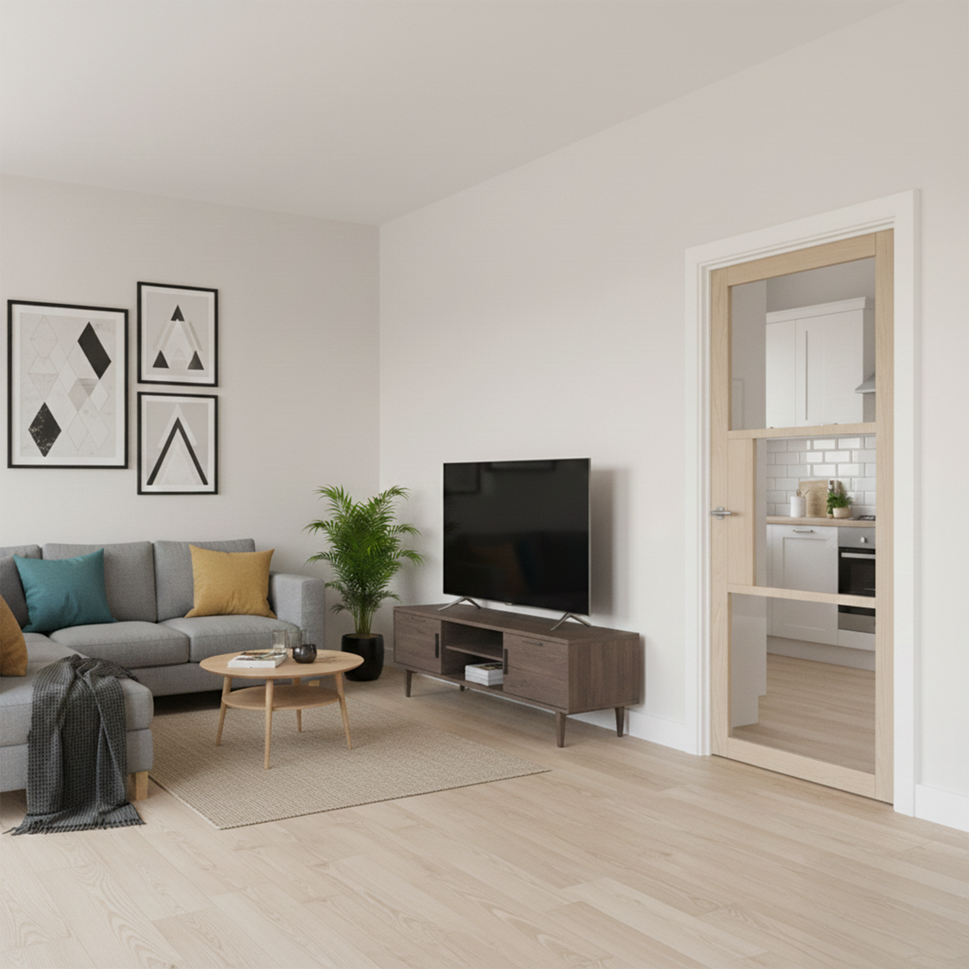 WC44GC Clear Glass Crittall Style Whitewashed Oak Internal Door