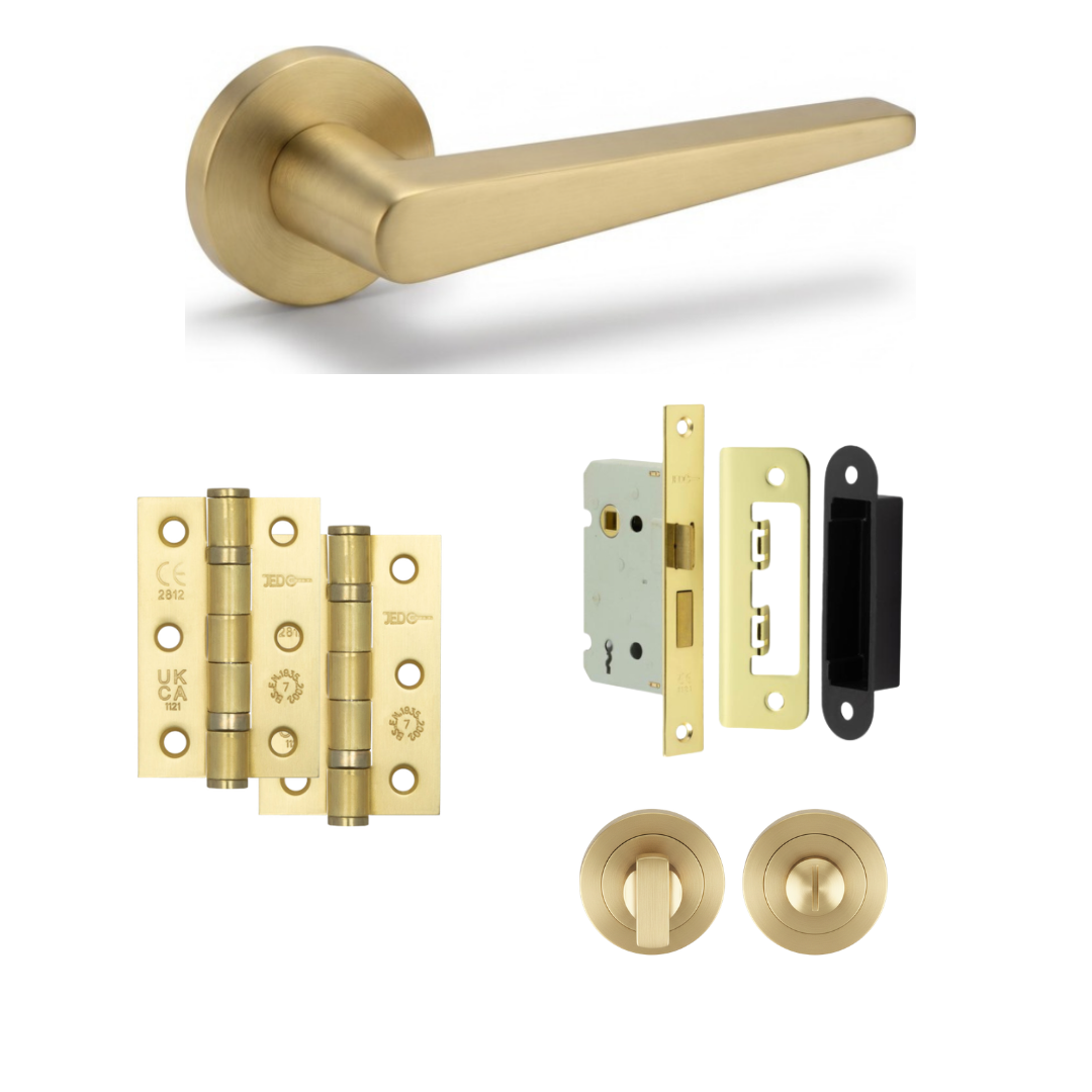 Warsaw satin gold door handle with hinges, bathroom lock and thumb turn