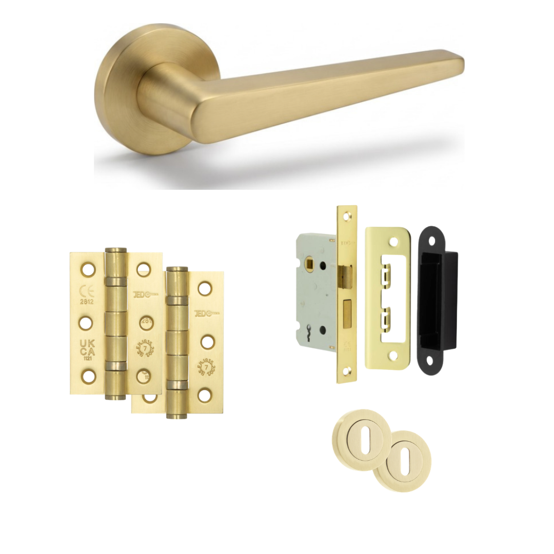 Warsaw satin gold door handle with hinges, mortice lock and keyhole escutcheons