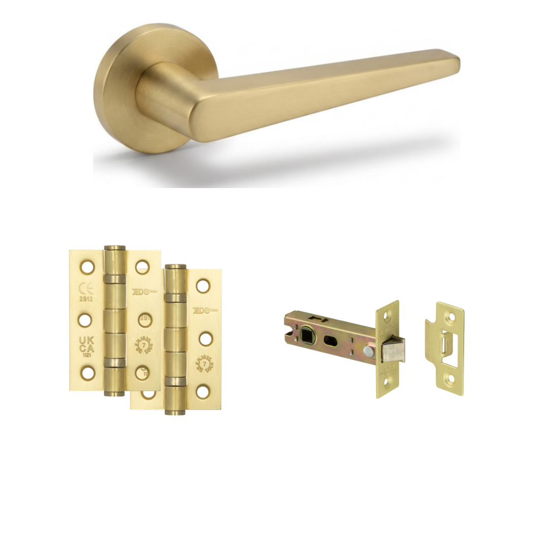 Warsaw satin gold door handle with gold hinges and tubular latch