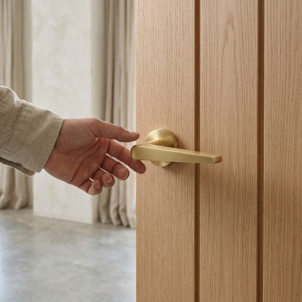 Warsaw satin gold internal door handle, tapered lever on round rose, fitted to an oak door