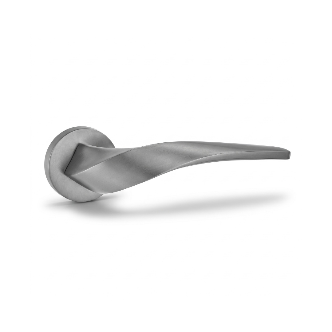 Zurich satin nickel twisted lever door handle on round rose