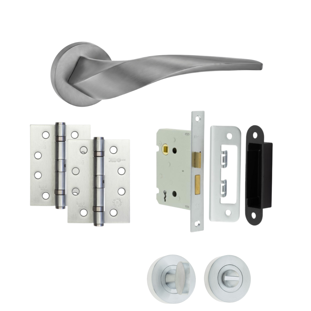 Zurich satin nickel door handle with hinges, bathroom lock and thumb turn