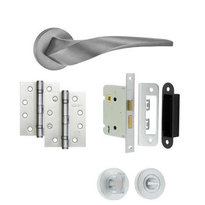 Zurich satin nickel door handle with hinges, bathroom lock and thumb turn