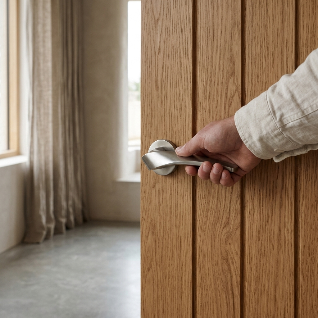 Zurich satin nickel internal door handle, twisted lever on round rose, fitted to an oak door