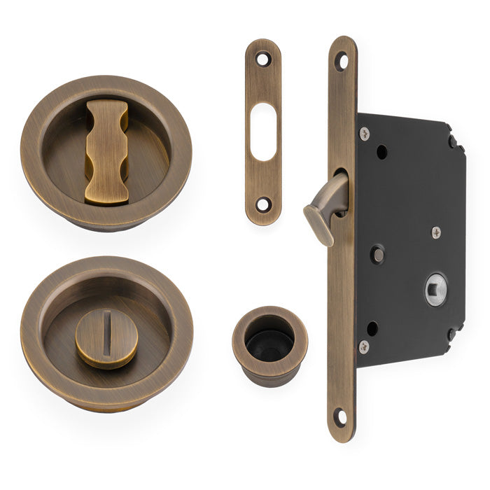 Sliding door privacy lock, antique brass