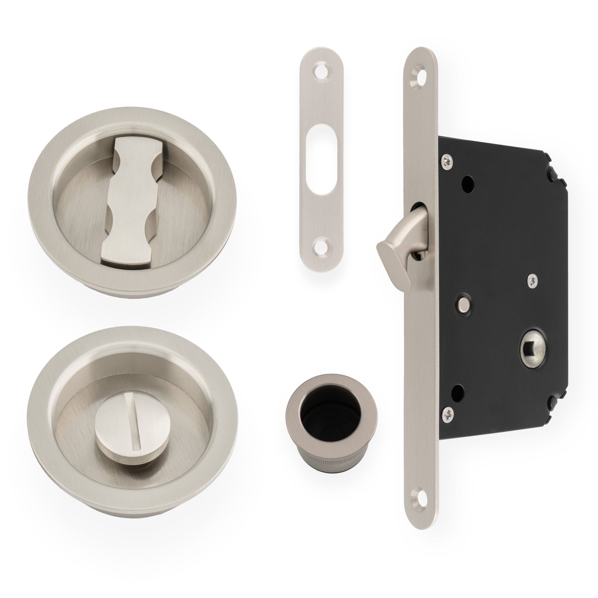 Sliding door privacy lock, satin nickel