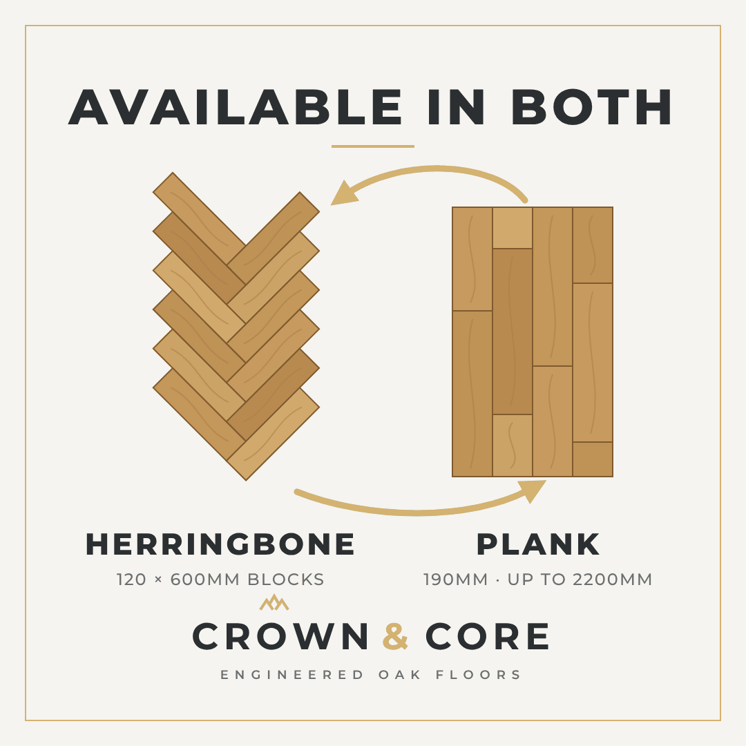 Crown & Core engineered oak, available in both herringbone (120 x 600mm blocks) and plank (190mm, up to 2200mm)