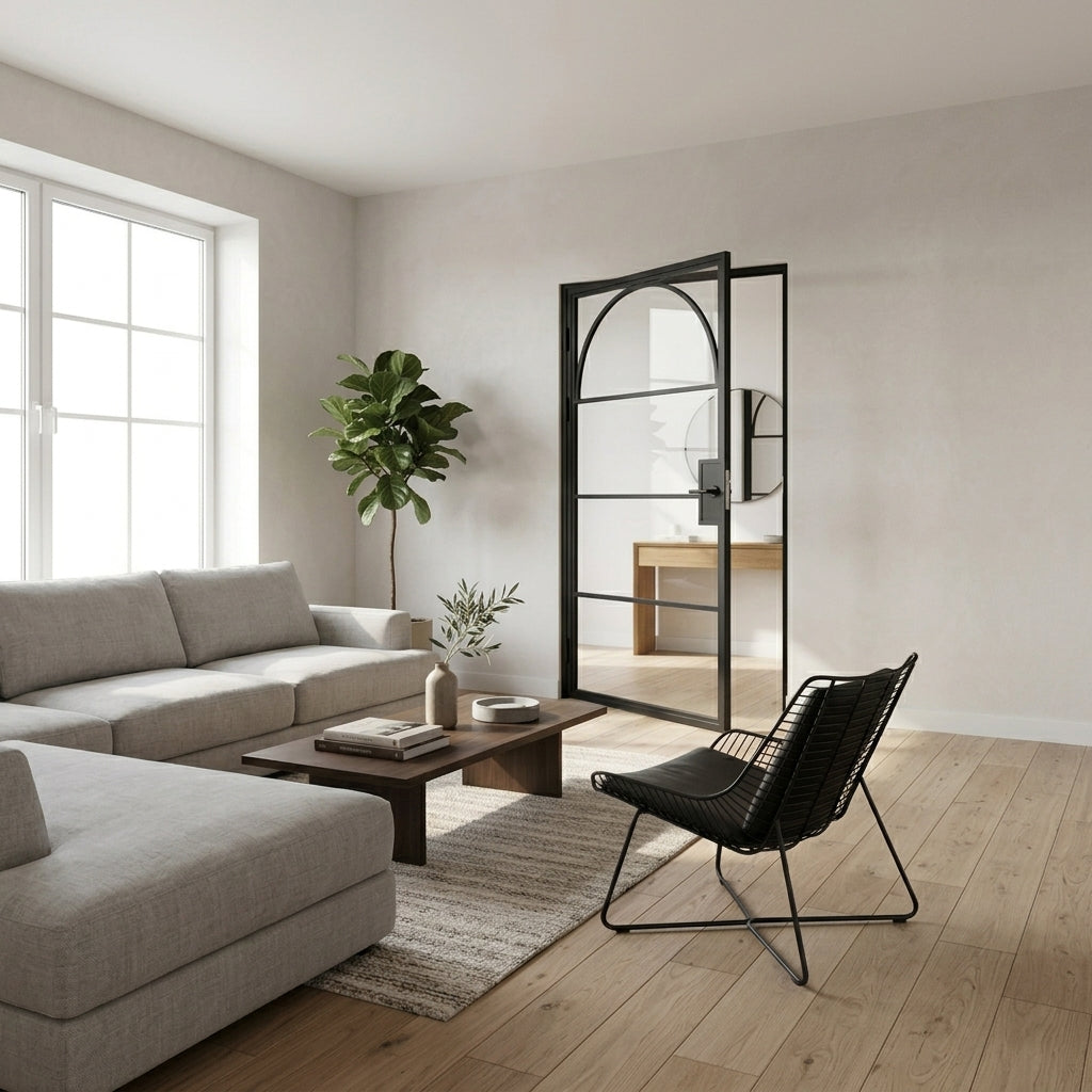 Steel black Crittall-style internal clear glass door - Paris arched top lifestyle