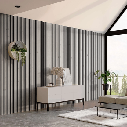 Slatted Wall Panelling Rustic Washed Grey Oak Black Felt 600mm